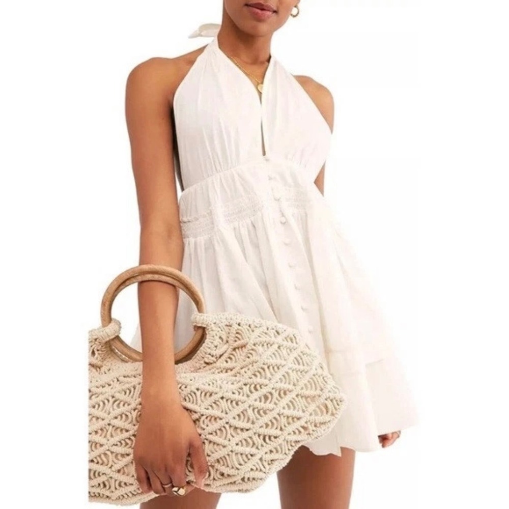 Free People White Sail Away Tunic Mini Halter Ruffle Swing Dress Cotton Summer S